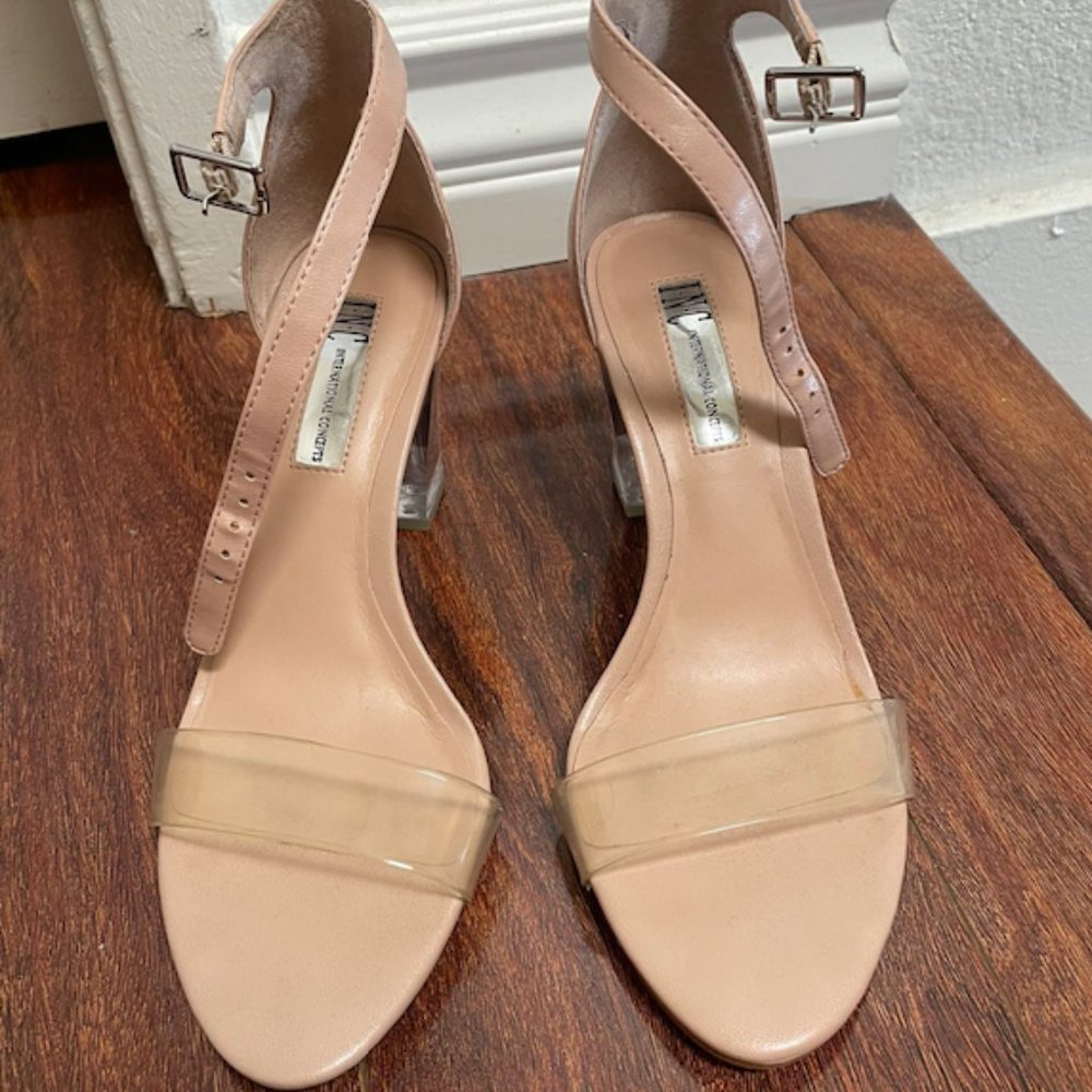INC nude heel sandal clear strap